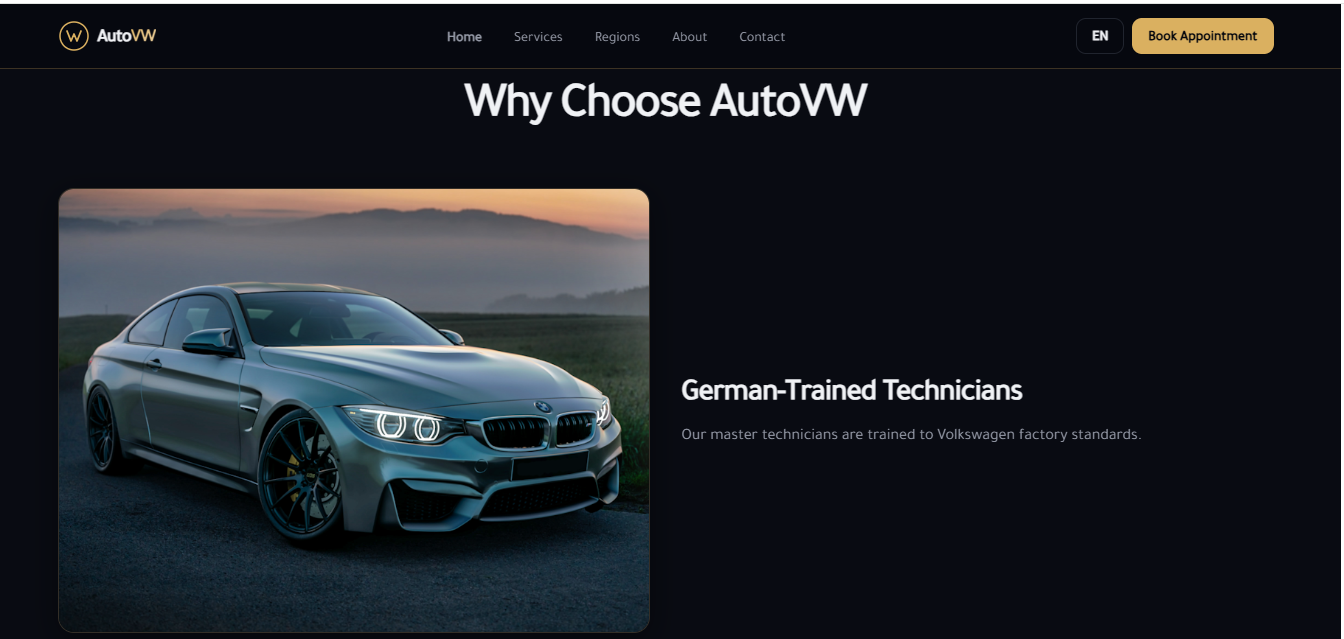 واجهة موقع AutoVW — مركز صيانة فولكس فاجن